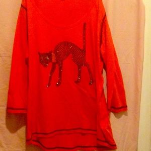 Black cat rhinestone orange top